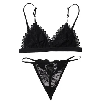 

New Women Bra Set Sexy Lingerie Hot Temptation Three-Point Bra T Pants Suit Hollow Lace Thong