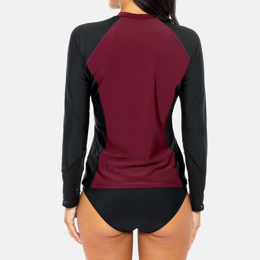 Women Long Sleeve Front Zipper Rashguard Shirt Swimsuit Patchwork Swimwear Surfing Top Hiking Shirt Rash Guard UPF50+