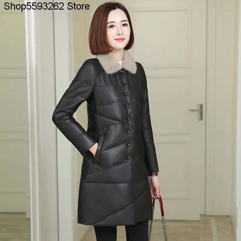 

Genuine Leather Down Jacket Women's Middle School Long Slim Slim Fit Temperament Mink Mao Collar Sheep Leather Leather Coat