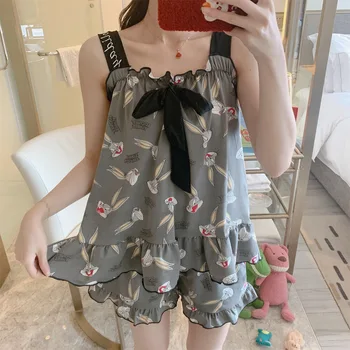 

Fashionable Cute Home Wear Bow Suspenders Suit Pajamas Ladies Sleeveless Shorts Two-piece Summer Ladies' Pijama Verano Mujer