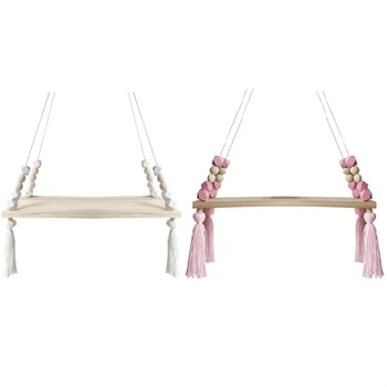 

2Pcs Bedroom Wall Hanging Ornaments Tassel Beads Pendant Wooden Board Storage Shelf Rack Photo Props Display Rack Kid Room Home