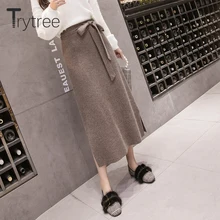 Trytree Осенняя Зимняя юбка женская повседневная юбка с бантом и высокой талией однотонная вязаная длинная модная женская юбка до середины икры с разрезом