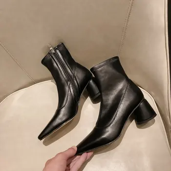 

2020 New Women Superfine Fiber Ankle Boots Concise Square Heel Women Shoes Square Toe Zipper Short Boots Large Size 34-41