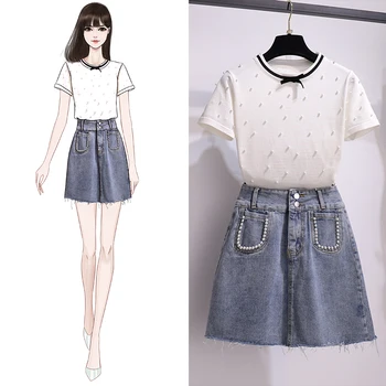 

Summer 2020 Bead White Short Sleeve T-Shirt High Waist Jeans Skirt Two Piece Clothing Suit Sweet Dress