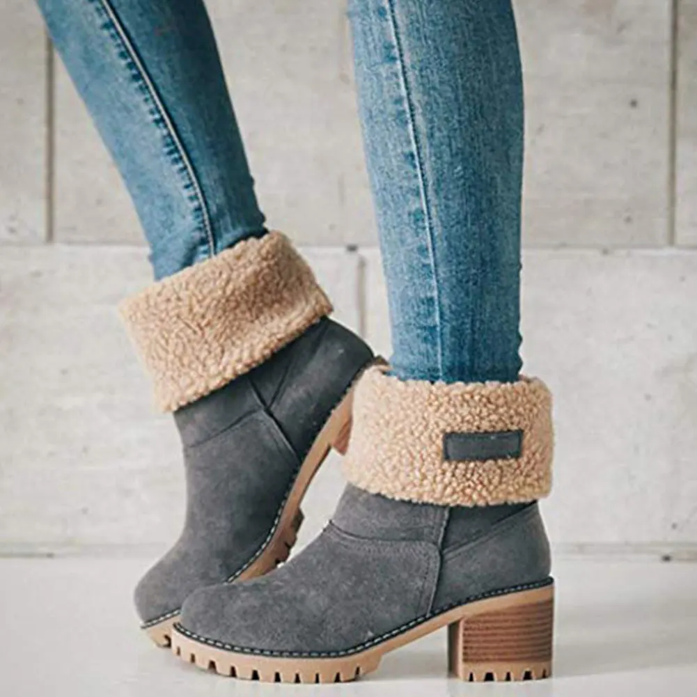 

Hot Selling Women Winter Snow Boots Warm Suede Chunky Heel Outdoor Mid-Calf Ankle Boots -B5