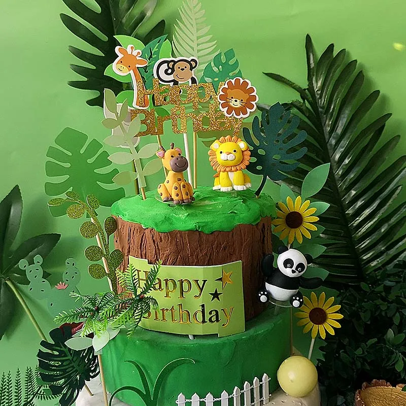 

Jungle Theme Party Cake Topper Felt Tree Cute Animal Cupcake Toppers for Kids Birthday Party Baby Shower Decoration Supplies