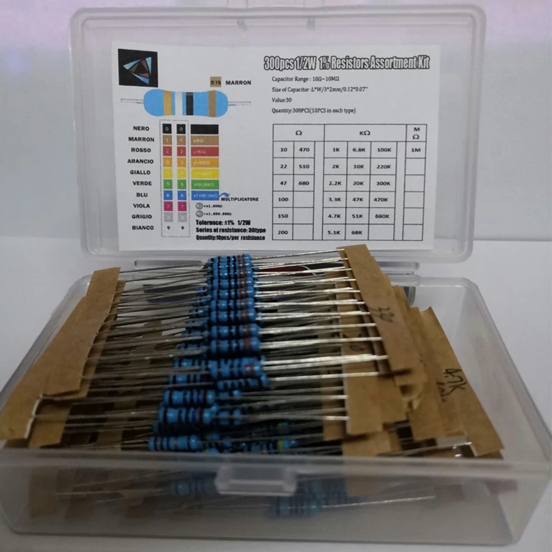 1/2W 1% 0.5W 10 Ohm ~1M Ohm Metal film resistance 30Values*10pcs=300pcs Resistor Assorted Kit