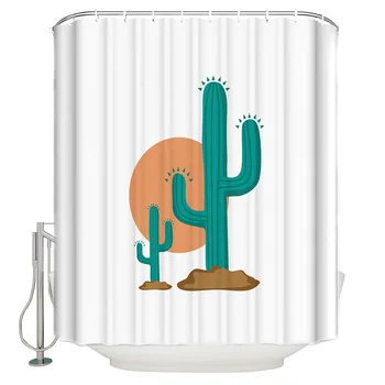 

Cartoon Green Cactus Plant Sunset Bathroom Accessories Waterproof Bathroom Shower Curtain With Hook Accessory