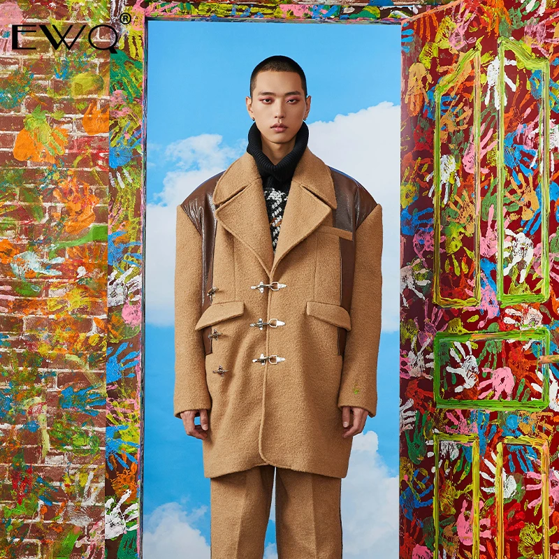 

EWQ / 2019 New Design Khaki Notched Collar Oversize Long Jacket Male Patchwork PU Leather Overcoat Loose Woolen Coat Male 9Y372