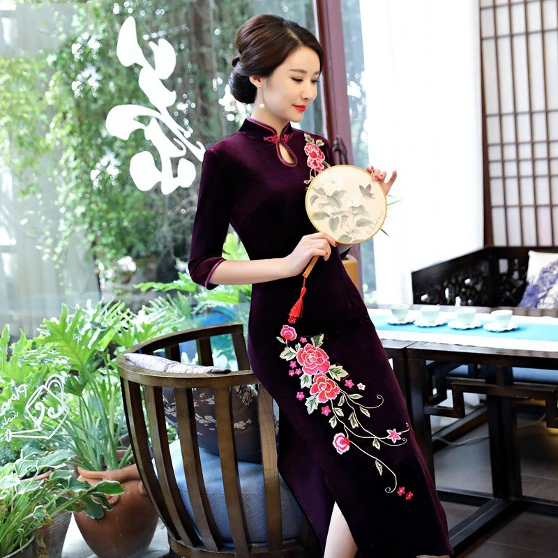 Изысканная вышивка цветок для женщин Qipao зима теплый бархат Cheongsam классический элегантный тонкий длинное китайское платье размера плюс