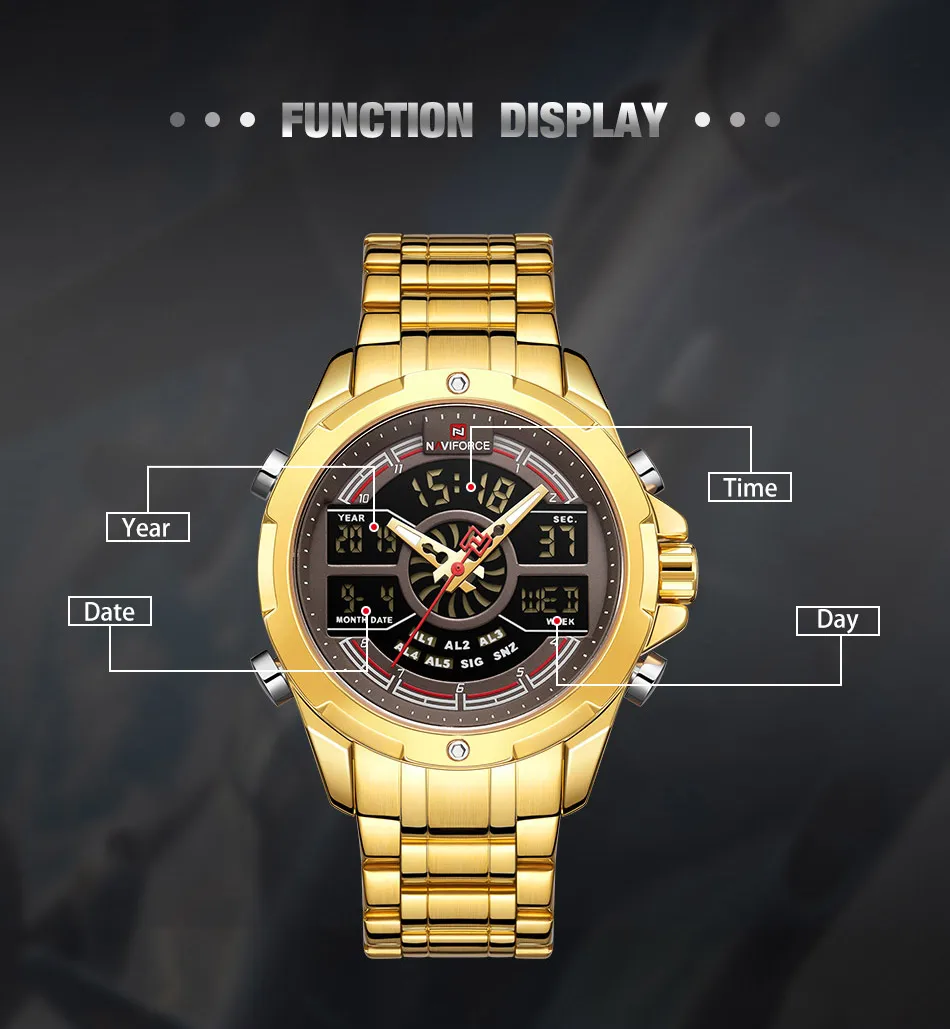NAVIFORCE Sport Men Watches Fashion Digital Quartz Wrist Watch Steel Waterproof Dual Display Date Clock Gold Relogio Masculino