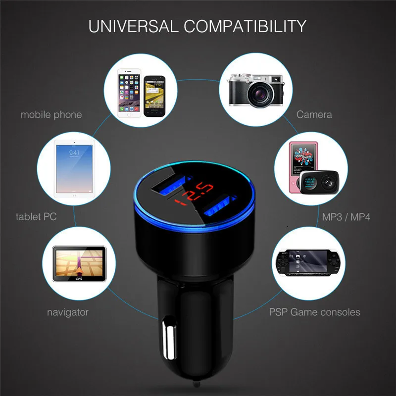 Dual USB Car Charger Adapter 3.1A Digital LED Voltage Current Display Auto Vehicle Metal Charger For Smart Phone Tablet