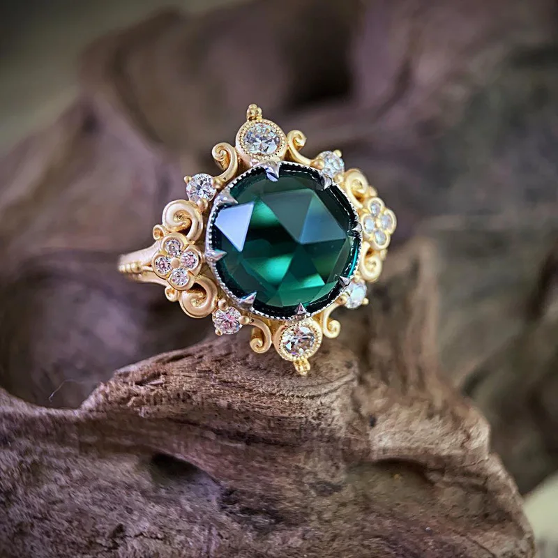 New Retro Crystal Gold color Flower Ring Europe America personality Green Round Zircon Jewellery Women Wedding Anniversary Gift | Украшения