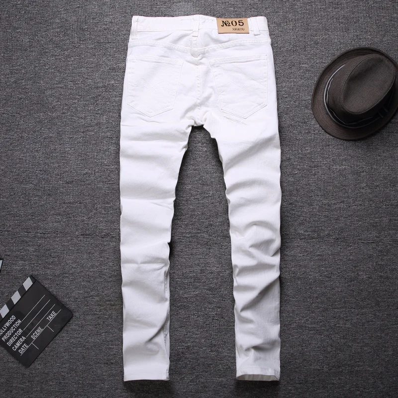Discount Fashion Classical Men Jeans White Color Wash Elastic Ripped Jeans Spliced Designer Skinny Fit Streetwear Hip Hop Jeans Men