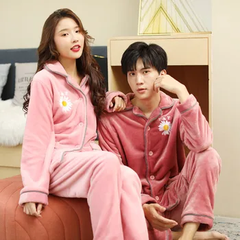

2020 Pink Cameo Brown Flannel Coral Fleece Pajamas Men Spring Autumn Winter Leisure Tops Couple