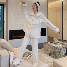 Lace coral pajamas women's pure color sweet suit thickened plus lamb velvet home service winter new style nightclothe sleepwear