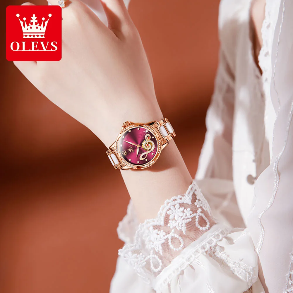 OLEVS New Ladies Mechanical Watch Women Ceramic Steel Bracelet Top Luxury Diamond Waterproof Automatic Watch Fashion Clock 6656