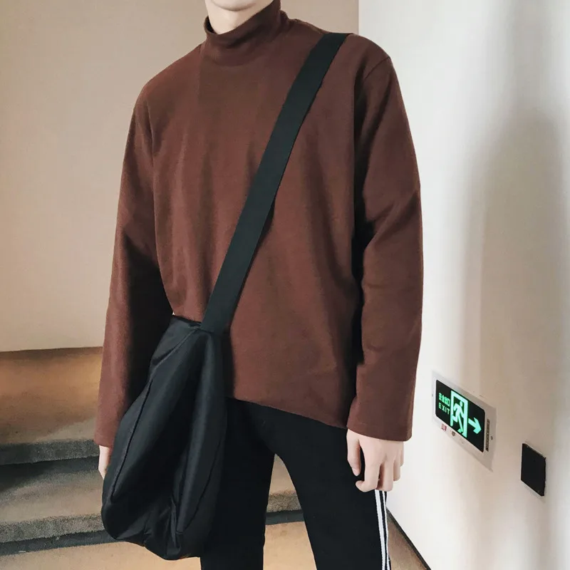 

Spring Korean Stand-up Collar T Shirt Men's Fashion Solid Color Cotton T-shirt Men Streetwear Loose Long-sleeved Tshirt Mens