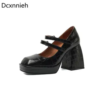 

White New Square Head Thick Heel Mary Janes Pumps Shoes Platform Shallow Mouth Single Shoes 2020 Spring Female Retro High Heels