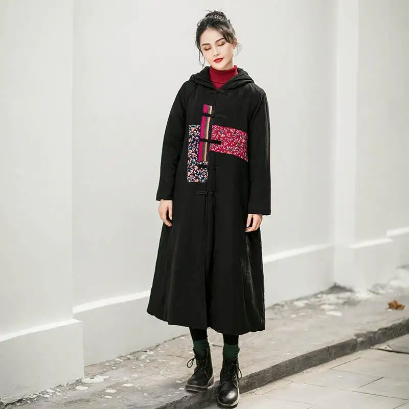 Зимнее простое винтажное однобортное модное лоскутное женское теплое пальто с капюшоном Новое Женское плотное хлопковое пальто - Цвет: Черный