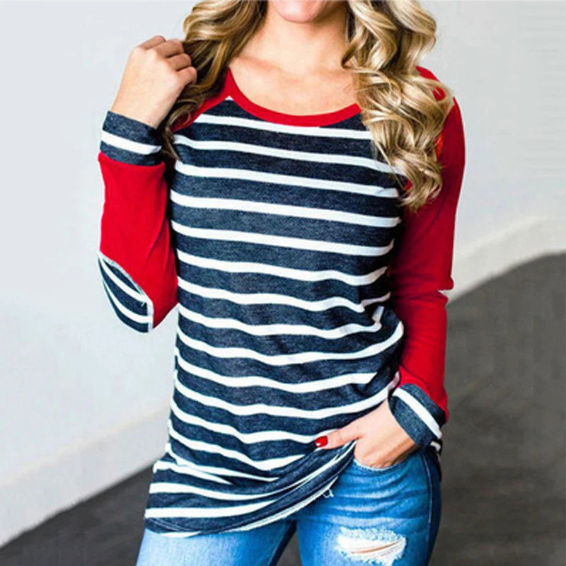 

Autumn fashion casual women's striped print t-shirt elbow patch long-sleeved baseball round neck t-shirt top
