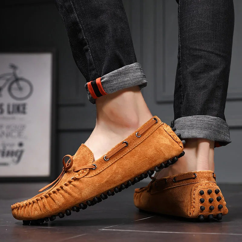 Lightweight Brand Fashion Summer Soft Moccasins Men Loafers Casual Suede Leather Slip On Shoes Men Flats Car Driving Shoes Brown