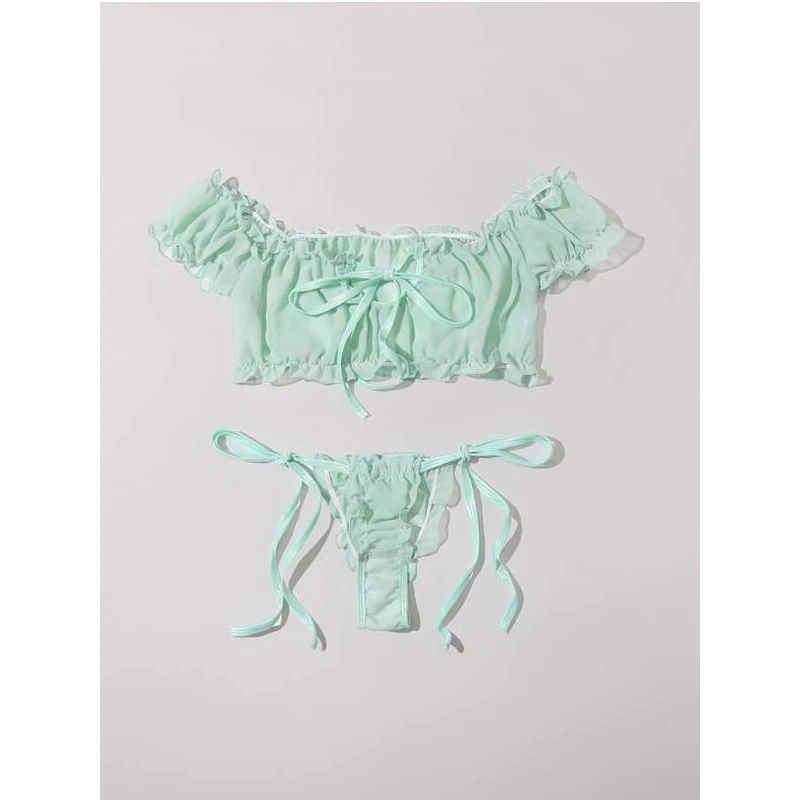 Women Pleated Mesh Sexy Lingerie Set Sweet Cute Babydoll Sleepwear Ladies Strapless Tops Briefs Underwear Nightwear | Тематическая