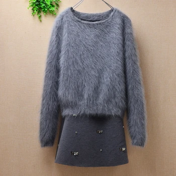 

Fake two pieces femme women Hip wrap long mink cashmere o-neck angora rabbit fur long sleeve knit pullover sweater dress winter