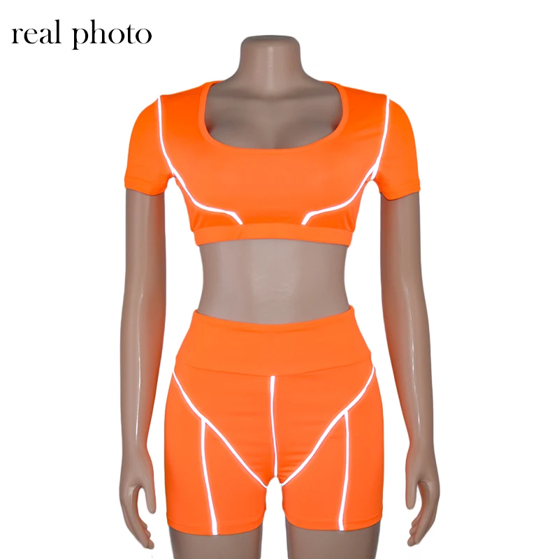 Simenual, повседневный неоновый цвет, Женский комплект из двух предметов, модный светоотражающий спортивный костюм, укороченный топ и шорты, комплект спортивной одежды