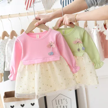 

New Children Puffy Mesh Star Long Sleeve Dress Baby Girls Cute Princess Dress Kids Above Knee, Mini Cotton Floral Casual Full