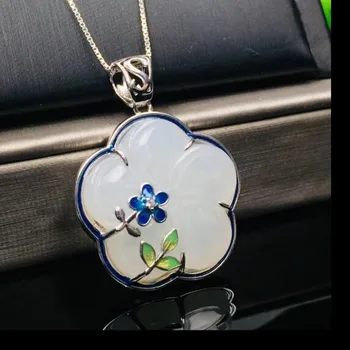 

Natural Hetian White Jade Carved Flower Pendant 925 Sterling Silver For Women Party Gift Christmas Gift