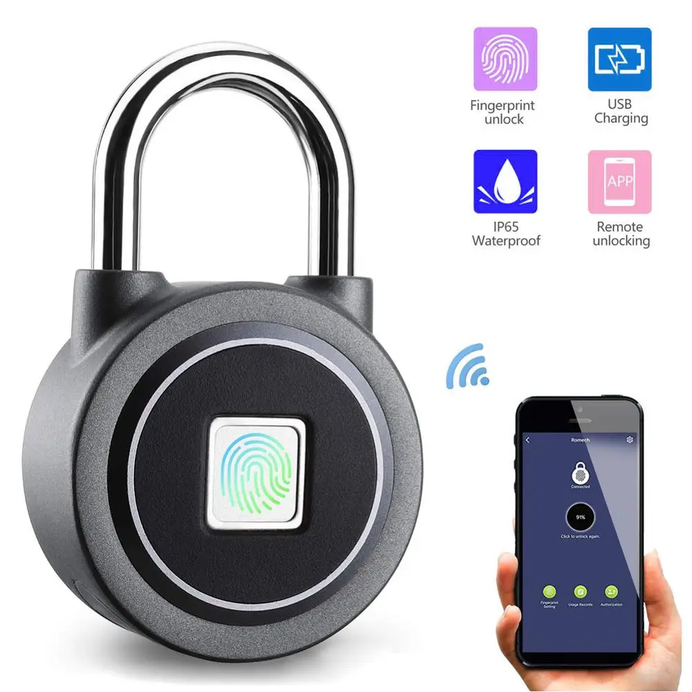 

Portable Waterproof Bluetooth Smart Fingerprint Keyless Lock Padlock Anti-Theft iOS Android APP Control Door Cabinet Padlock