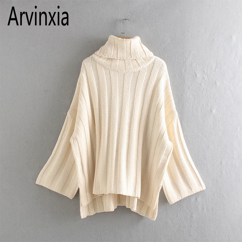 Arvinxia ZA Fashion Solid Turn Down Collar Woman Sweaters New Split Up Lady Pullovers Sexy Striped Outwear Stylish Women Sweater | Женская
