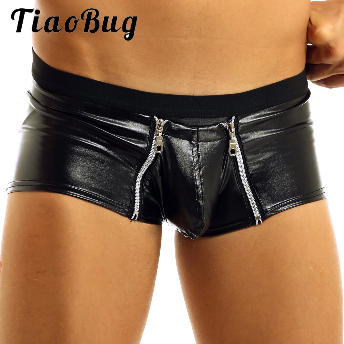 Men Hot Sexy Lingerie Latex Boxer Shorts Bikini Male Zipper Open Pouch Homme Jockstrap Gay Panties Underwear Underpants Clubwear bullet separation boxer open file underwear comfortable delayed sex quadrangle pants men s testicular pouch varicose flat pants