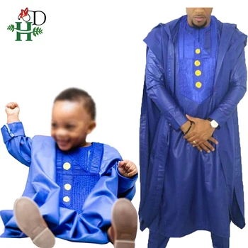 

H&D 2019 dashiki father son set african clothes men dashiki bazin riche shirt pant 3 pieces suits africa kids blue clothing 8003