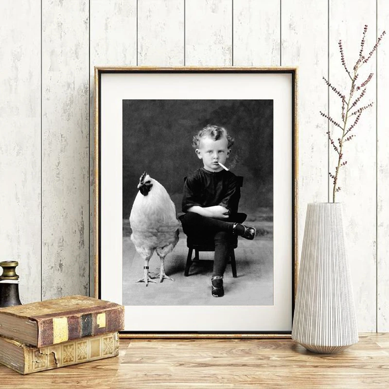 Vintage Poster Retro Decor Black and White Canvas Painting Boys Wtih a Rooster Pictures for Home Design Room No Frame | Дом и сад
