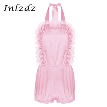 

Mens Sissy Crossdresser Romper Bodysuit Halter Neck Ruffled Satin Romper Adult Baby Cute Cross Dresser Costume Sexy Fancy Dress