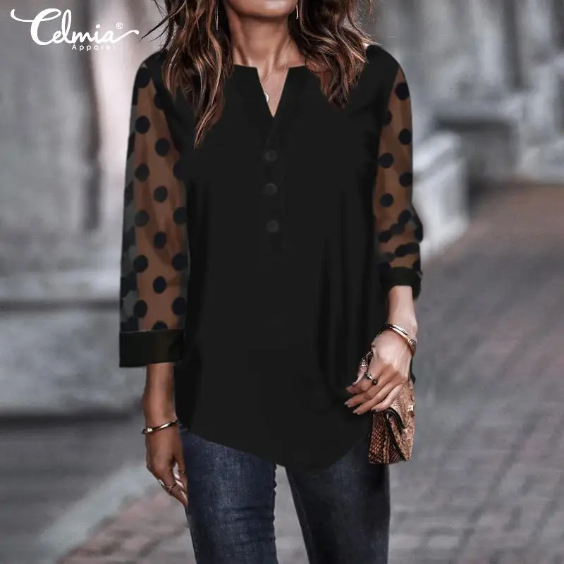 Women Fashion Polka Dot Print Tunic Tops Celmia 2019 Plus Size 3/4 Sleeve Lace Blouses Casual Loose Shirts Elegant Blusas Mujer