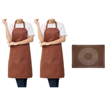 

2 Pcs Bib Apron Water Resistant Belt Cooking Kitchen Apron & 1 Pcs Coffee Color Silicone Kneading Pad Baking Mat