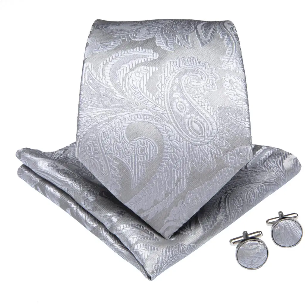 Новый дизайнерский мужской галстук серебряного Пейсли Свадебный галстук для мужчин Hanky запонки шелковая Подарочная коробка галстук набор