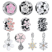 Высокое качество 925 пробы серебро зима снежинка розовый эмалированный цветок талисманы кулон fit Pandora ювелирные ожерелья с кулоном