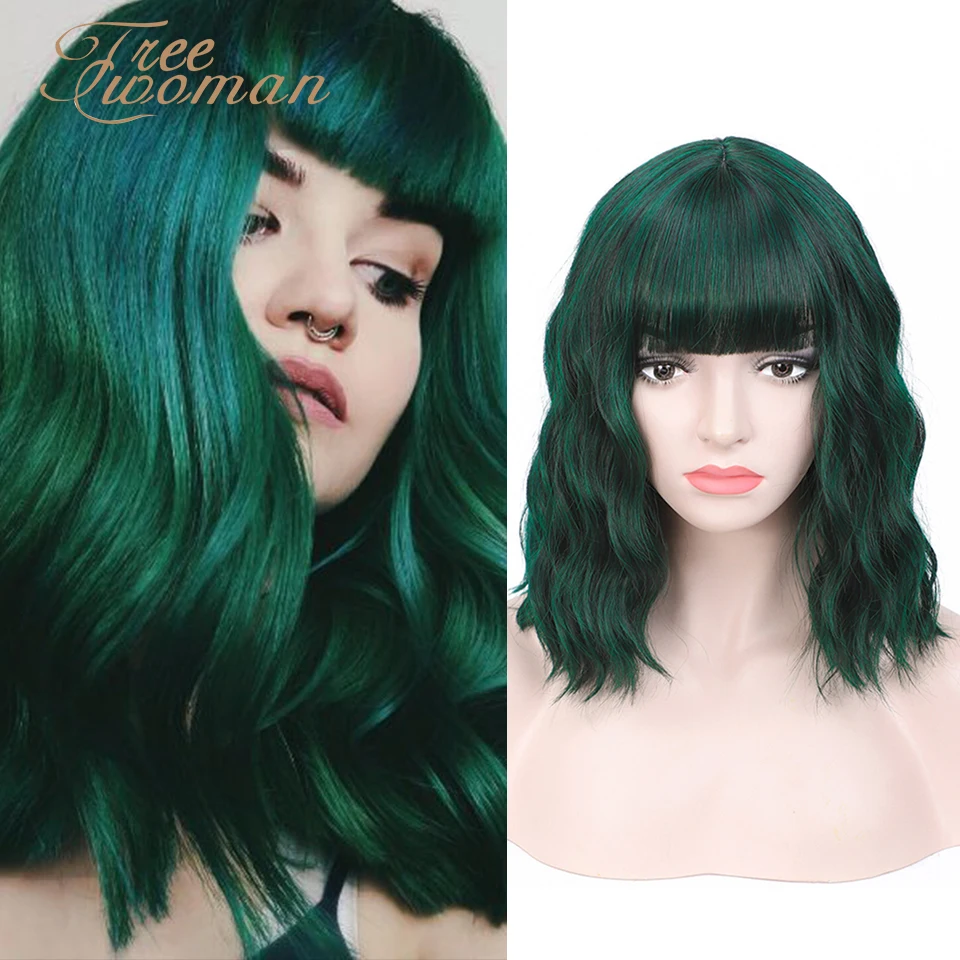 

FREEWOMAN Green Synthetic Wig Heat Resistant Lolita Short Wig With Bangs Women's Wigs Cosplay Water Wave Hair Wigs For Women