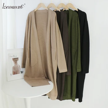 

LEOSOXS Women Long Sweater Solid Casual Cardigan 2020 Home Loose Pockets Cardigans Autumn Winter Long Sleeve Ladies Outerwear