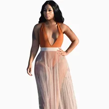 Летние пляжные сетчатые прозрачные сексуальные юбки высокая талия тонкая женская плиссированная юбка Повседневная Макси юбка DG3542