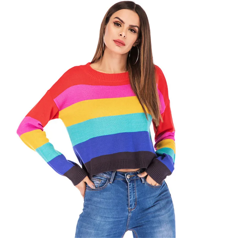 

Women Striped Sweater Pullover Rainbow Print Pull Long Sleeve Casual Sweater Fashion Streetwear Winter New Party Office Pullover