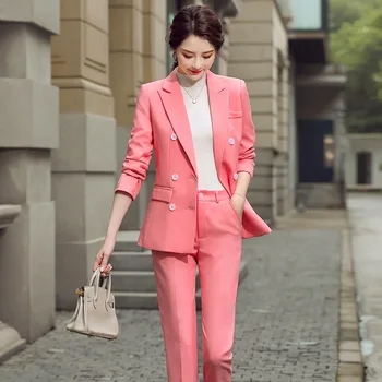

Large size S-4XL high quality women's pants suit two-piece 2020 new fall women's double-breasted ladies blazer Slim trousers