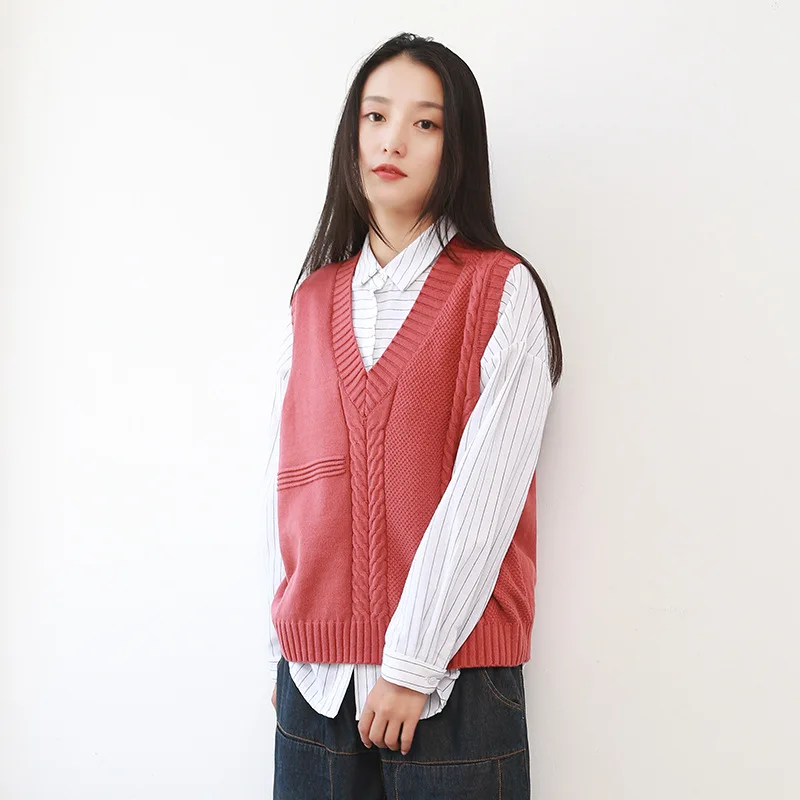 

2019 Autumn New Japan Style Knitted Vests For Women V-Neck Sleeveless Casual Solid Color Soft Women Pullover Vests