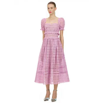 

2020 Summer Runway Design Elegant Purple Lace Dress Women's Square Collar Puff Sleeve Hollow Out Ruffles Trim Long Lace Dresses