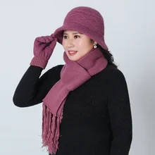 Новинка, зимний женский Комплект из трех предметов(шапка, шарф, перчатки), шерстяные шапки, вязанные крючком, шапка, набор, толстый, средний возраст, подарок для мамы