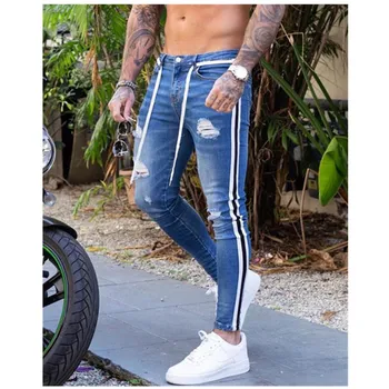 

2020 Men's Painted Skinny Slim Fit Straight Ripped Distressed Pleated Knee Patch Denim Pants Stretch Jeans